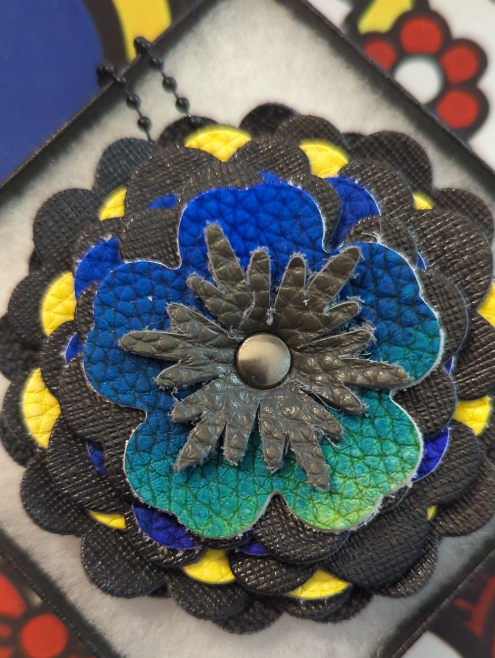 Layered Floral Leather Pendant in Blue, Green, Black & Yellow